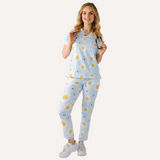 Three Pocket Smiley Face Daisy Print Scrub Top