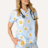 Three Pocket Smiley Face Daisy Print Scrub Top