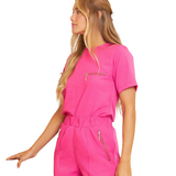 Women's Crew Neck Chest Zipper Pocket Scrub Top