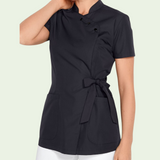 Women's Stand-up Collar Scrub Top with Decorative Bow