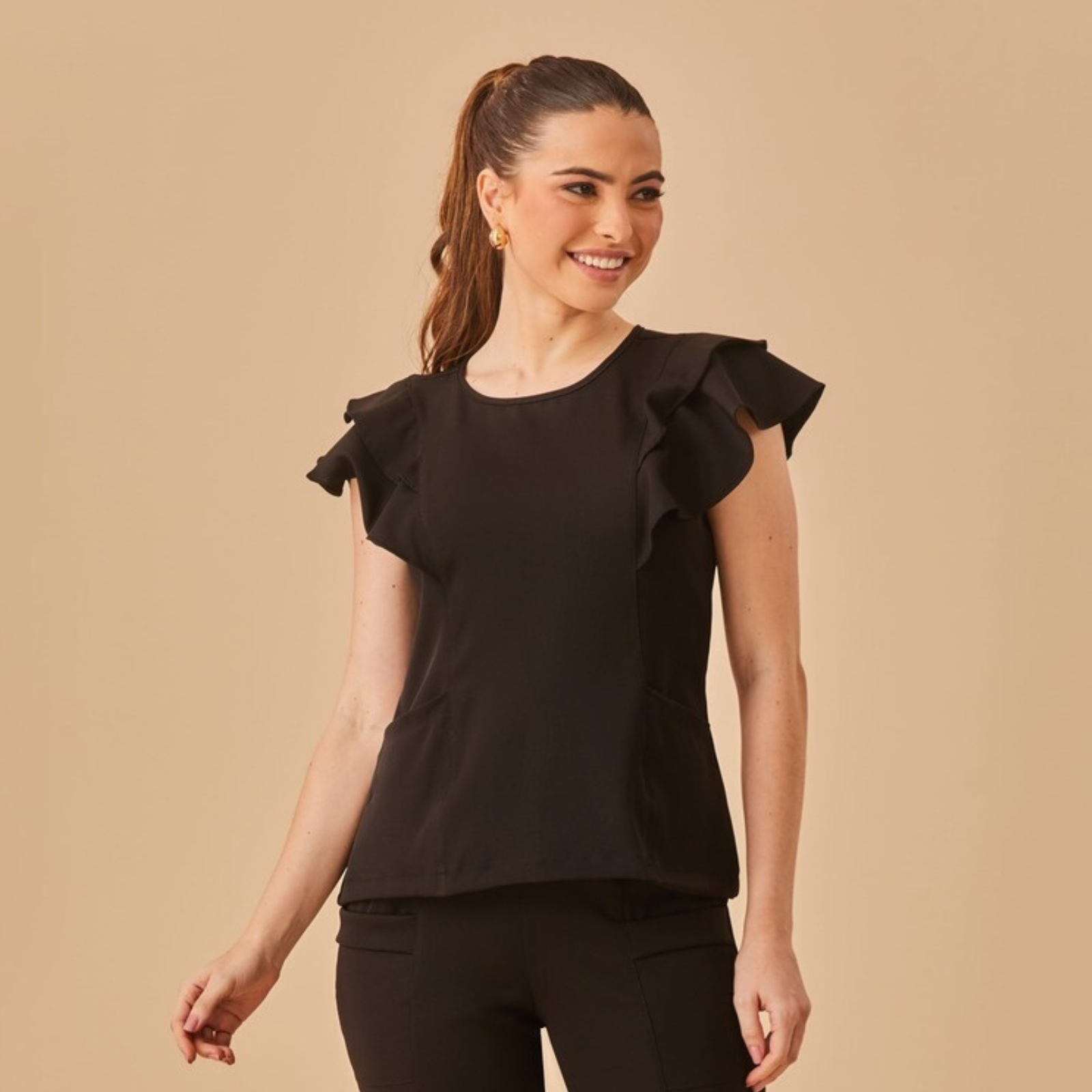 Women's Round Neck Scrub Top With Structured Sleeves