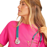 Women's Crew Neck Chest Zipper Pocket Scrub Top