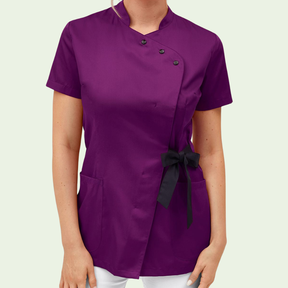 Women's Stand-up Collar Scrub Top with Decorative Bow