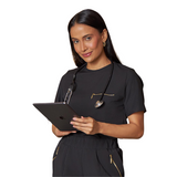 Women's Crew Neck Chest Zipper Pocket Scrub Top